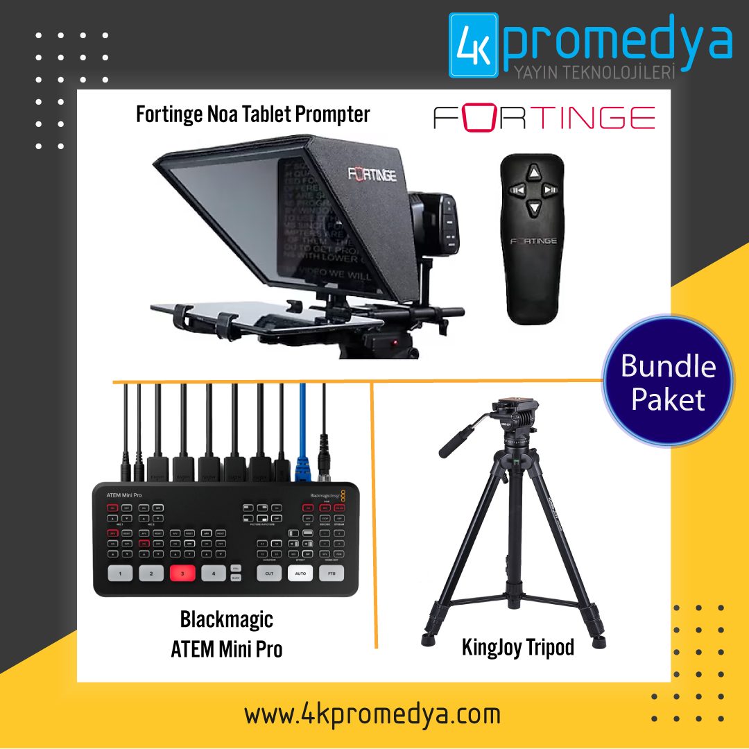 Fortinge Noa Tablet Prompter + Blackmagic ATEM Mini Pro + Kingjoy Profesyonel Tripod