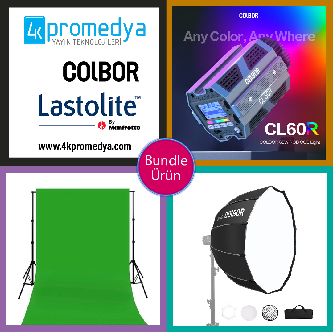 COLBOR CL60R - RGB COB LED Monolight + COLBOR BP65- Quick-Setup Parabolic Softbox + Işık Ayağı + Lastolite 5881 Chromakey Perdesi 3 x 7m Green