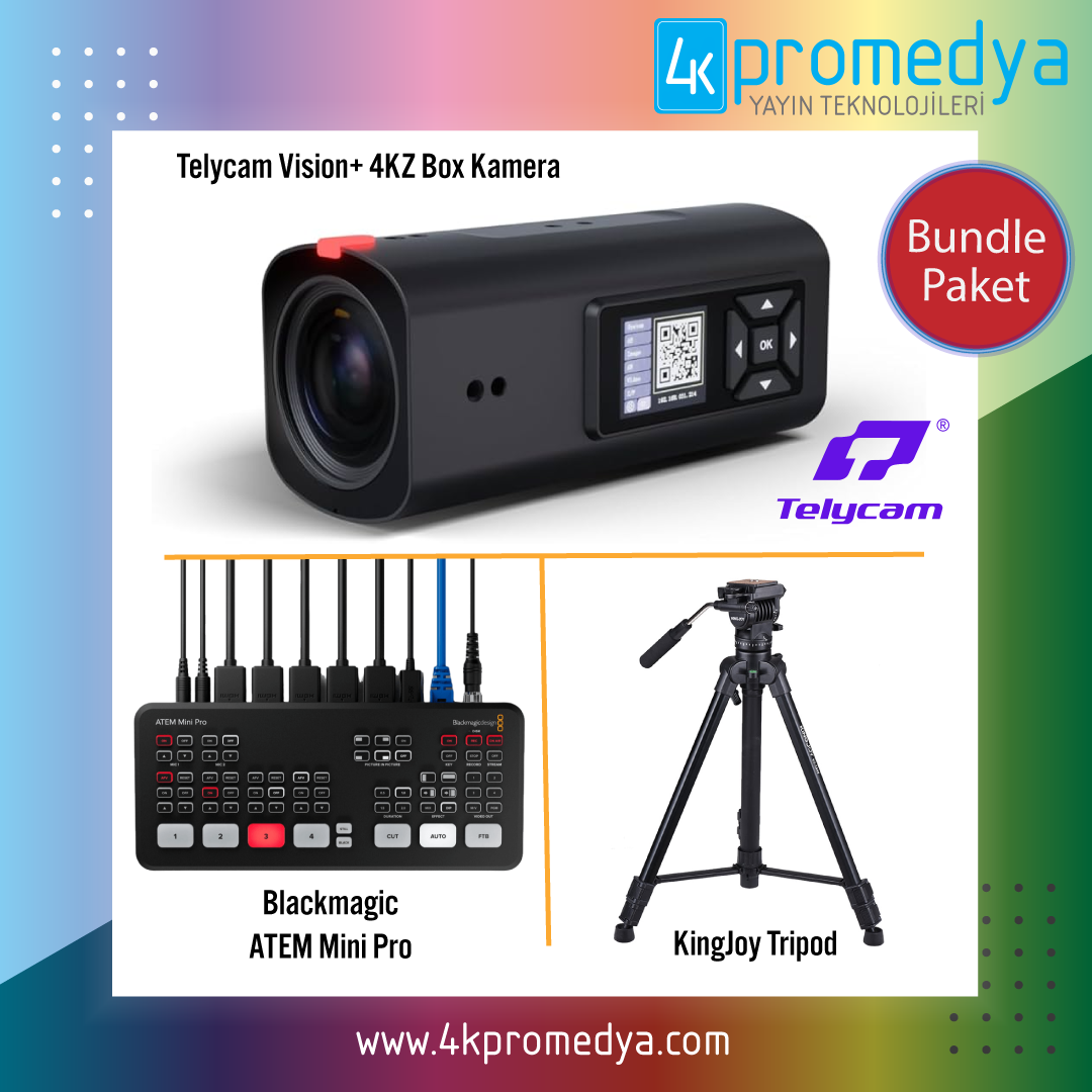 Telycam Vision 4KZ Box Kamera + Blackmagic ATEM Mini Pro  + Kingjoy Profesyonel Tripod